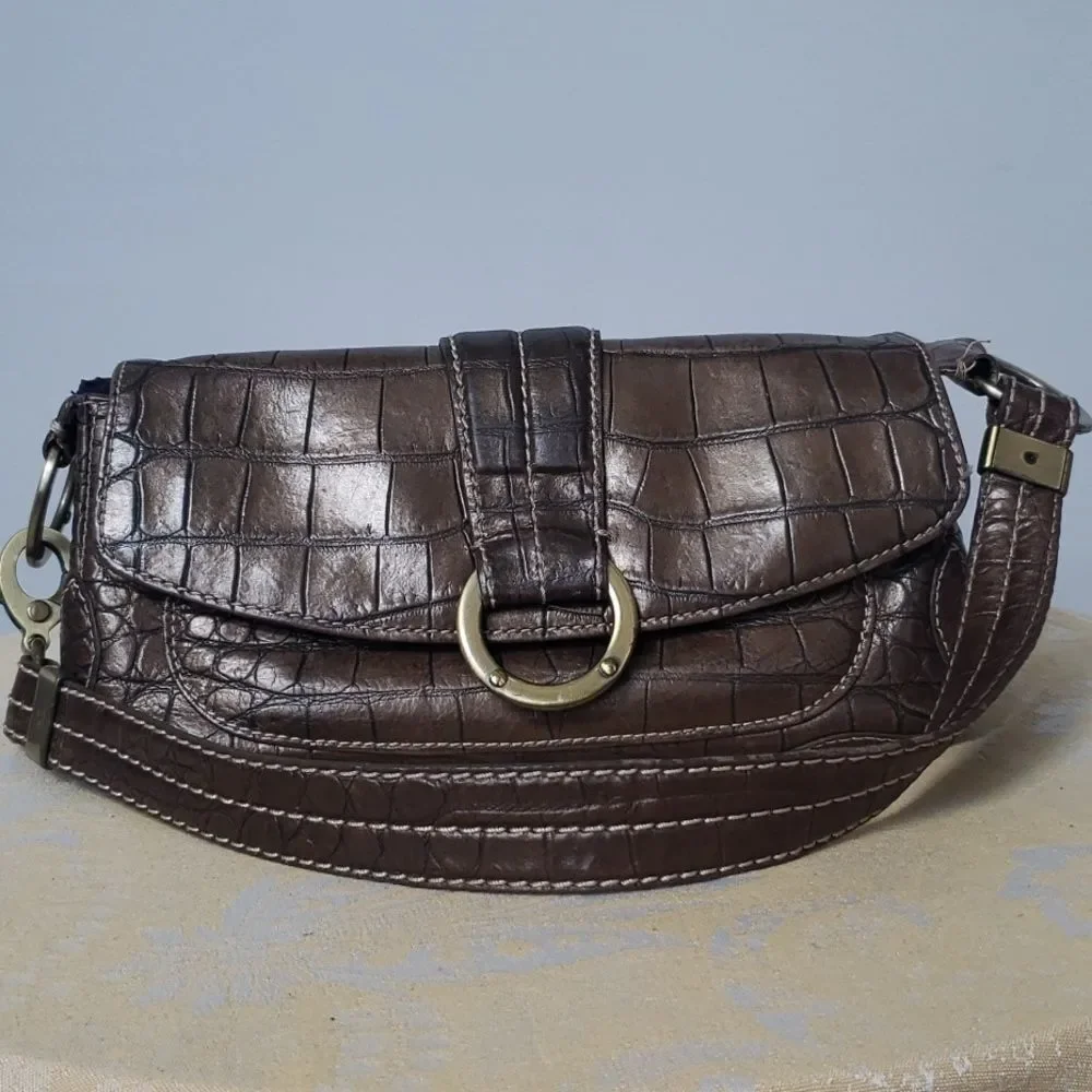 Donald J. Pliner Purse Bronze Metallic Croc Embossed East West Shoulder Bag